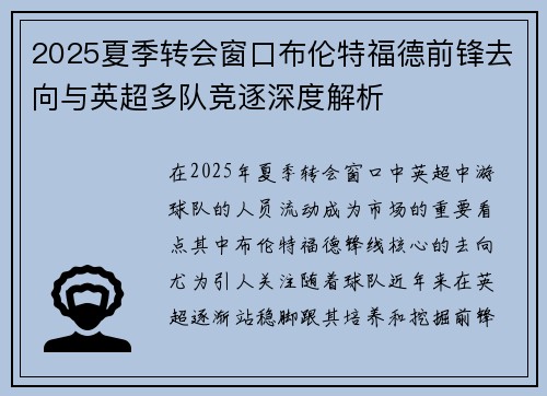 2025夏季转会窗口布伦特福德前锋去向与英超多队竞逐深度解析 2025夏季转会窗口布伦特福德前锋去向与英超多队竞逐深度解析
